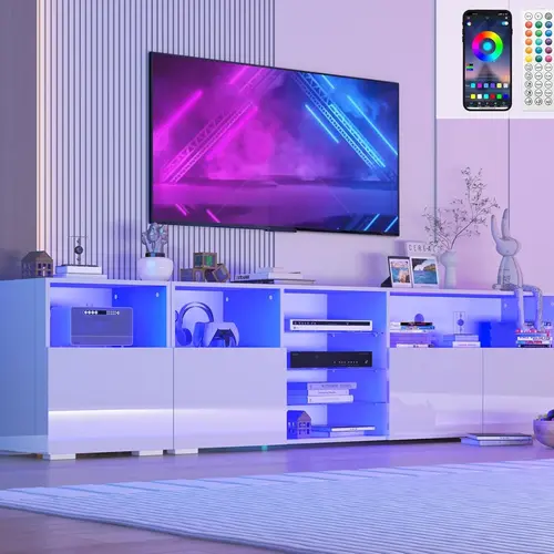 79IN LED TV Stand for 75/80/85inch TV,High Glossy Modern TV Stand for Living Room,TV Entertainment Center with Adjustable Storage Shelf,RGB LED Lighting,TV Console(White/Black)