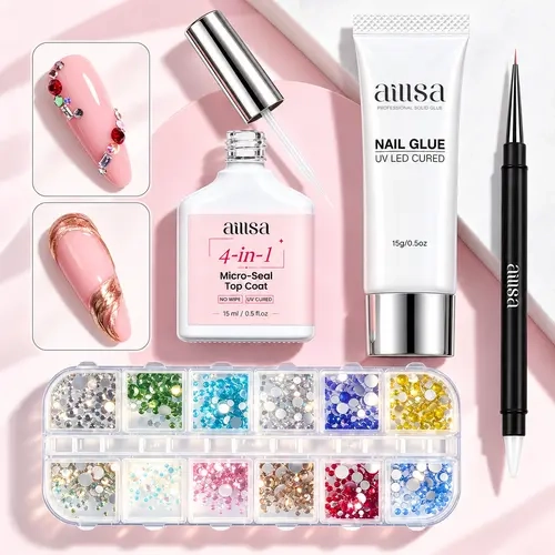 AILLSA Nail Gem Kit with Rhinestone Glue Gel and Precision Top Coat, Strong Nail Charm Adhesive, Dual-Ended Detail Brush & 12-Color Rhinestones, UV/LED CureBeginners DIY Home Nail Art Set