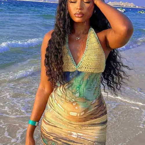 Women's Crochet Patchwork Backless Halter Neck Bodycon Halter Strap Dress, Casual Sleeveless Tie Back Hollow Out Dress for Summer, Fashion Women's Fitted Dress for Beach Holiday