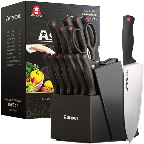 Astercook 14 piece kitchen knife set, dishwasher safe, high carbon stainless steel knives, kitchen utensils black knives butter knives Block Cutting