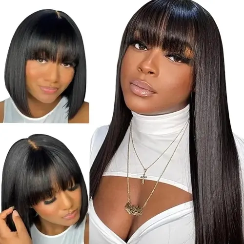 LUVME Human Hair Full Machine Wig, Yaki Straight Long Wig with Bangs, Heat Resistant, Undetectable Lace, Ultra Natural Minimalist Design, Heat Resistant Wig
