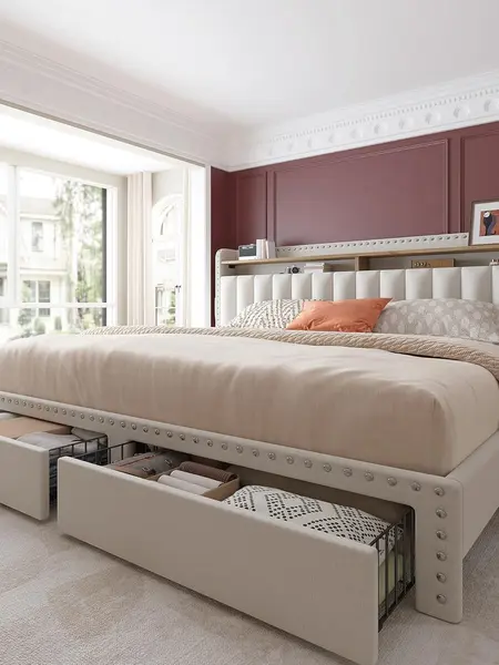 RaybeeFurniture Bed frame for Queen Bed Frame with Headboard&Storage,NO MATTRESS,  Luxury Upholstered Bed Frame with Storage, 2 Drawers & Shelf on Headboard, NO Noise, KING, FULL, Twin, Mother's Day Gifts