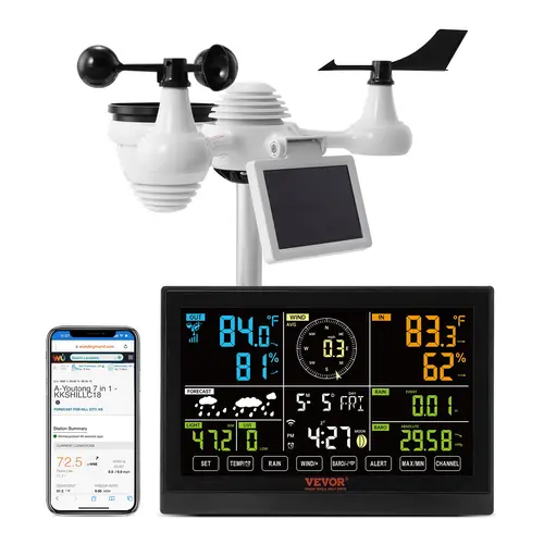 VEVOR 7-in-1 WiFi Wireless Weather Station with 7.5" Large Screen, Solar Powered Thermometer, UV+Light Monitoring, IPX6 Water Resistant Outdoor Sensor, Alarm Alerts, Aluminum Bracket (Temp, Humidity, Wind, Rain Tracking, Indoor Home Use)