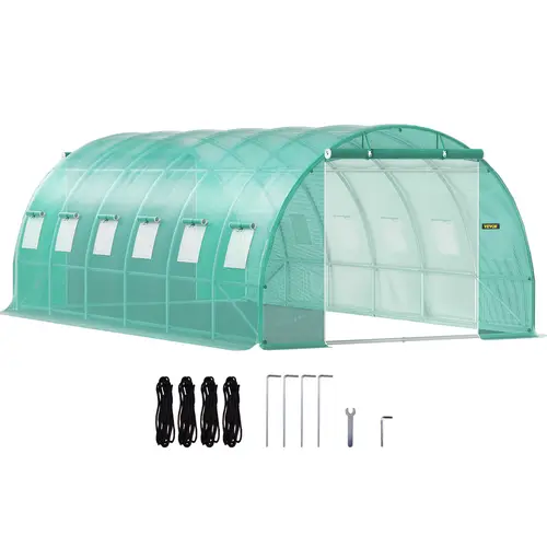 VEVOR 20×10×7 ft Green Metal Walk-in Tunnel Greenhouse Kit, Outdoor Portable Garden Hot House for Seed Growing, with 3 Top Beams, Galvanized Steel Hoops, Diagonal Poles, Zippered Roll-up Doors, Mesh Windows, Assembly Tools, All-Year Use Gift, Grow From Se