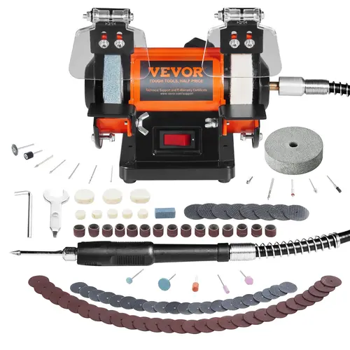 VEVOR Brushless Bench Polishing Tool Set - Rotary Buffer Polisher, Grinding Polishing Machine, 3590 RPM Brushless Motor, 1.8kg, Adjustable Rest, Wool Wheel, Abrasive Wheels, 100+ Accessories, Rust Removal Ready, for Metals/Gemstones, DIY Workshop Use