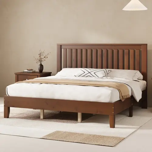 AMERLIFE Solid Wood Bed Frame, Mid-Century Wooden Platform Bed with Grille Headboard, Wood Slat System/No Box Spring Needed/Noise Free[TikTokShopFallDealsForYou]