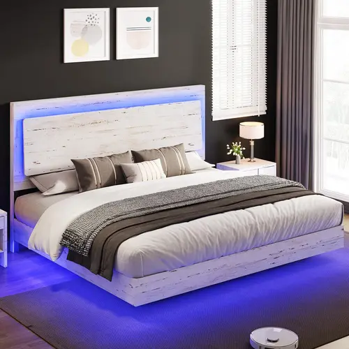 AMERLIFE Farmhouse Floating Bed Frame with Reclined Headboard, Platform Bed with LED Light, No Box Spring Needed/Unique Bedroom Furniture/Best Gift Ideas/Christmas Gifts