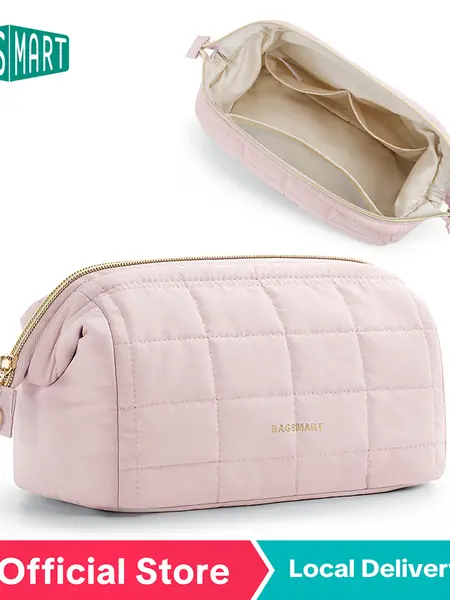 BAGSMART 2 Size Makeup Bag, Puffy Padded Travel Cosmetic Organizer for Women, Wide-Open Makeup Case for Toiletries, Accessories, and Brushes DealsForYouDays summerwins