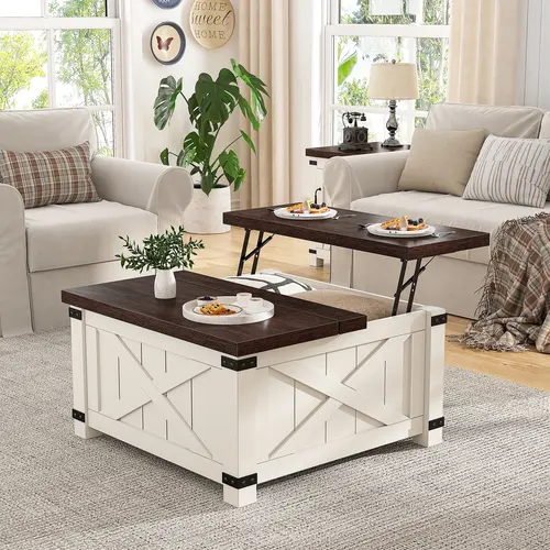 RaybeeFurniture 35.6" W Lift Top Coffee Table with Storage, Large Farmhouse Coffee Table with Hidden Space, Wood Square Coffee Tables for Living Room Home&Office