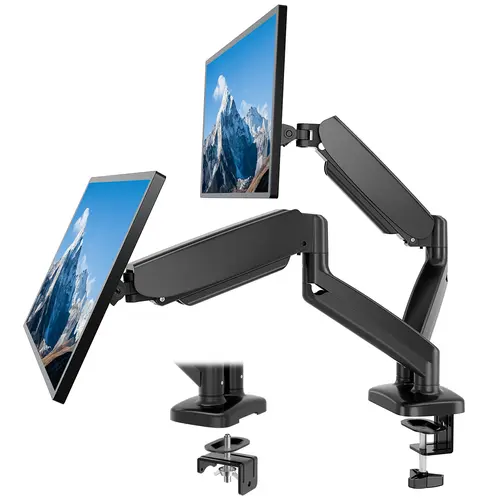 Sweet Furniture F Heavy-Duty Gas Spring Monitor Arm Mount - 15-27 in VESA 75x75/100x100 Pattern, 17.6lb Capacity, 19.3in Reach for Wider View, Clamp & Grommet Base, Laptop Stand & Tray Compatible, Screen Rotation, Desktop Space Saver