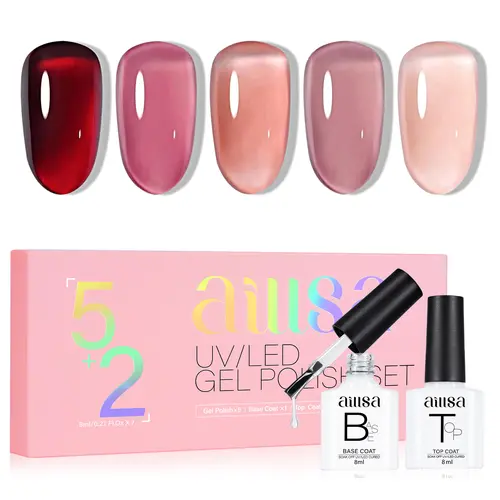 AILLSA 7-Piece Jelly Gel Nail Polish Kit - Cosmetic Beauty Products with Burgundy, Nude Shades, Soak-Off UV Formula, Base Coat, Glossy Top Coat, Polishes Enhances Shine, Ideal for DIY Starters, Casual Use, Gifting to Girlfriend