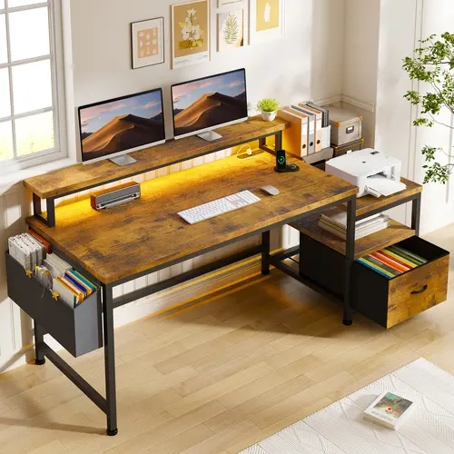 【Deals for you days】57" Home Office Desk with Printer Stand & Fabric Drawer,Gaming Desk with LED Lights & Monitor Stand,Sturdy Study & Writing Table for Kids with 3 Power Outlets & 2 USB Ports,57"W x 20"D x 36"H,Easy Assemble,Student Desk in home