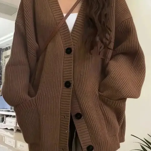 Women's Preppy Style Solid Button Front Drop Shoulder Cardigan Sweaters, Casual Long Sleeve V Neck Knitwear for All Seasons, Ladies Knit Clothing for Daily Wear Knitting
