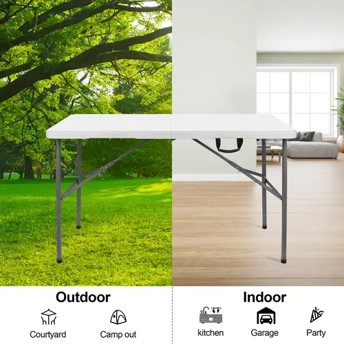 4FT Rectangular Plastic & Steel Portable Folding Patio Table - Activity Picnic Use, Outdoor Table Furniture, Lock, Carry Handle, Quick Setup, Adjustable Height, Flat-Folding Garage Storage, Classic White, Garden Camping Ideal