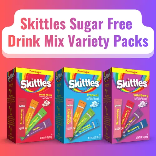 Singles To Go Skittles Sugar-Free Drink Mix Sticks - 20-Stick Variety Pack (Original, Tropical, Wild Berry), US Low-Calorie Beverage Powder for Water, All-Ages Packaged Hydration Alternative