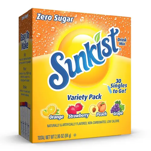 Sunkist Low Calorie Sugar Free Citric Acid Drink Packet Flavoring Powder Variety Pack - Orange, Strawberry, Grape, Peach (30 Packs, 30 Total Sticks, Shake-Mix in Secs) - Hydration Powder Alternative