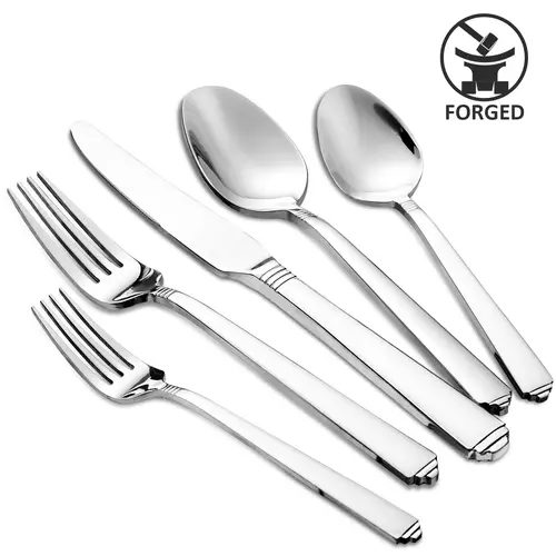 20-Piece Hot Forged Stripe Detail Heat-Safe Steel Cutlery Set - 4-Person Silverware Set with Spoons, Forks, Knives, Dessert Spoons, Corrosion-Resistant, Dishwasher-Safe, Smooth Handwash, Resists Heat Damage Home Tableware, deal for Home Dinning