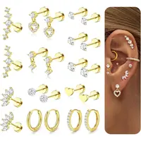 CASSIECA 11pairs Flat Back Earrings Stack for Women Cartilage Earrings Stacks-20G Surgical Stainless Steel Flatback Hypoallergenic Stud Hoop Earring Set Daith Conch Tragus Helix Piercing Jewelry Summervibes,summeroutfits,vacationoutfits,beachoutfits