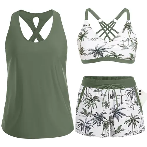Aqua Eve Three Piece Tankini with Shorts - Sporty Swimsuit with Boyshorts Athletic Bathing Suit with Pockets 2026 Modest Swimwear