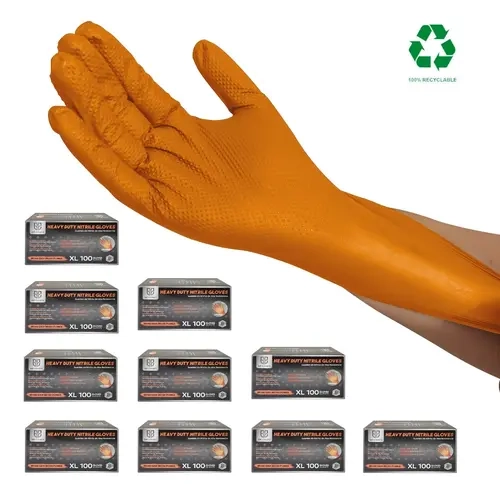 Disposable Nitrile Cleaning Gloves - Orange, 8mil Thick Heavy-Duty, Diamond-Textured Grip, Latex-Free, Powder Free, Waterproof for Industrial, Food Applications (100 Pcs)