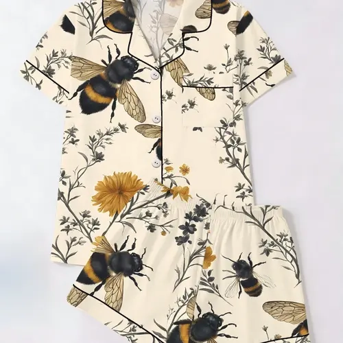 Women's Bee Daisy Print Short Sleeve Shorts Set, Casual Style Fitted Home Wear Two-Piece Pajamas, All Season Comfortable Sleepwear