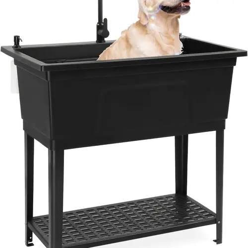 ROVSUN 37-Gallon Freestanding Utility Sink with Faucet, 36" Heightened Basin for Laundry, Garage, Outdoor Garden, Pet Wash, Heavy Duty Plastic Laundry Tub with Storage Shelf, 40"L×24"W×36"H