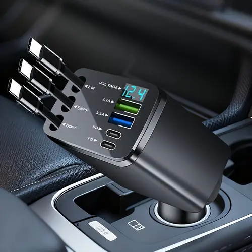 Smart Universal Retractable Car Charger Dual USB Cables LED Voltage Display PD Charging 13.8V Multi-Port Output, Compact Plug & Play Design Compatible with Phones Tablets Laptops for Travel&Daily Driving Smart Car Char Type C Rechargeable summer