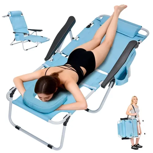 Lilypelle Sturdy Oxford Tear-Resist Fabric Folding Sun Lounger - Heavy Duty Recliner with 5-Position Adjustable Back, Fold & Go Straps, Armrest, 400lbs Capacity, Face-Hole Tanning, Pillow, Side Pocket for Beach, Poolside Adults familyfun