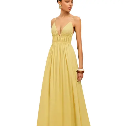 Yousify Women's Deep V-Neck Sleeveless Spaghetti Strap Ruched Flowy Maxi Dress - Casual Fashion Dress, Boho Beach Sundresses, Women's Clothes for Summer Beach Outfits,summeroutfits,vacationoutfits,beachoutfits