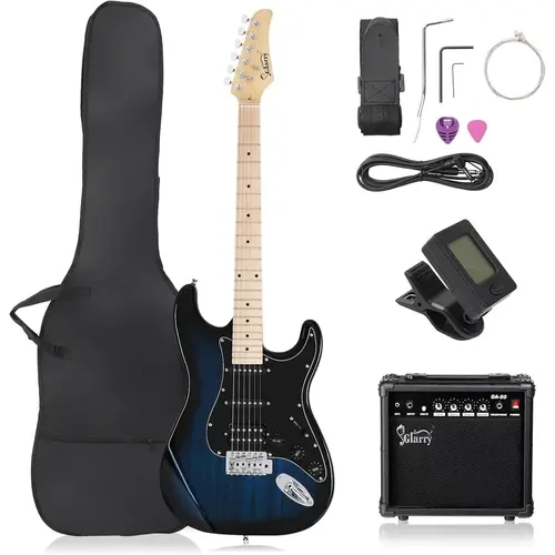 GLARRY 39in GST Series Full Size Beginner Guitar Pack - HSS Pickups, Rosewood Neck, Basswood Body, Tremolo Ready, Rock Blues Instruments Kit w/1× Amp Cord, 1x Portable Bag, 1× Digital Tuner, Strings, Picks, Strap, White Pearl (Dark Blue)