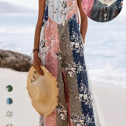 Plus Size All Over Print Floral Button Design Overall, Bohemian Casual Sleeveless Wide Leg Jumpsuit, Floral Print Jumpsuits for Beach Vacation, Womenswear for Summer