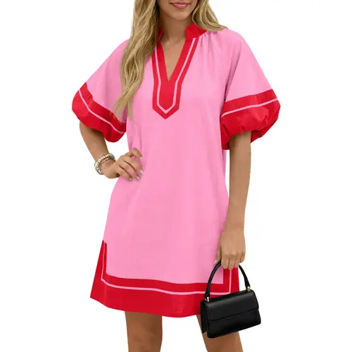 Wenrine Women's Vintage Woven High Waist Imported Lightweight Medium Stretch Summer Above Knee Mini Dress - Puff-Sleeve, V-Neck, Color-Blocked, Side Slit, Loose Shirt Dress with Pockets for Casual Wear