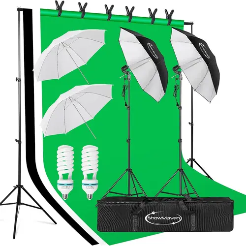 VINGLI Aluminum Photography Lighting Kit - 6.5ft(200cm)x10ft Backdrop Stand, 4 White/Black/Silver Umbrellas, 3 Polyester Backdrops, 2x Single Head Bulb Holders, E27 Base Spiral Bulbs, 22" Folded Carry for Portraits, Product Shoots
