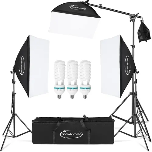 VINGLI Professional Softbox Studio Video Lighting Kit - 200cm Adjustable Light Stand, 1x Boom Arm, 1x Sandbag, 3x 135W 5500K CFL Bulbs, Nylon/Alloy Softboxes, E27 Socket, Portrait Shoot Camera Accessories