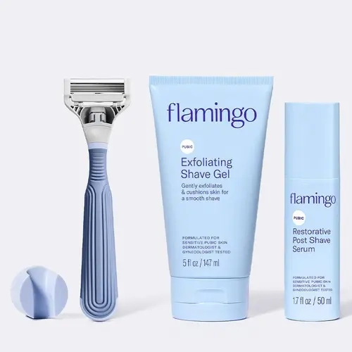 Flamingo Pubic Care Shave Routine with Exfoliating Gel, Restorative Post Shave Gel, and Shower Holder Aftershave Comfort