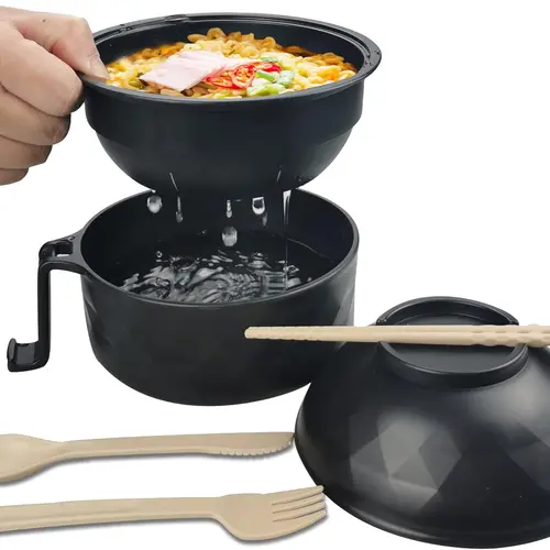MIUVA Polypropylene Irregular Ramen Cooker Bowl Set (33oz,16.9oz) - BPA-Free, Scald-Safe Handle Tableware Set with Chopsticks, Cover, Cutlery, Easy Usage for College Dorms, Dishwasher Safe for Soup Heating