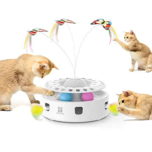 Potaroma 3 In 1 Automatic Interactive Cat Toy - Automatic Rolling Ball, Fluttering Butterfly, Moving Ambush Feather, Dual Power Supplies, USB-Powered Indoor Exercise Kicker for Cats, PP Resin Build with Mobile Phone Adapter