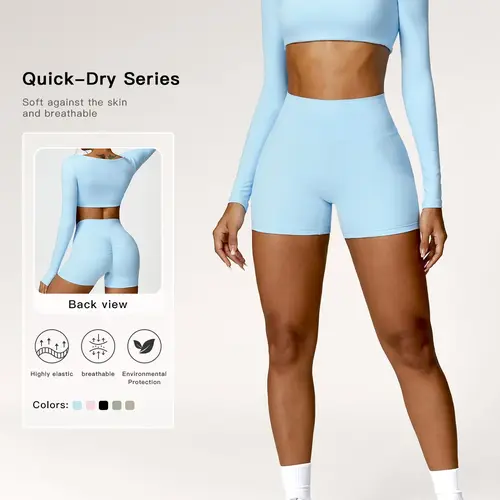 Women's Solid Long Sleeve Crop Tee & High Waist Shorts Tracksuit Set, Gym Workout Sets, Sporty Square Neck Top & Short Leggings for Yoga, Ladies Activewear, Athleisure Activewear, Workout Exercise Clothing