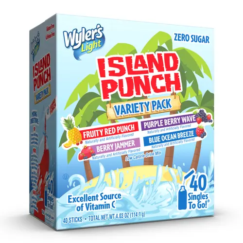 Wyler's Light Island Punch Hydration Flavor Pack - 40 Single-Serving Drink Powder Packets, Vitamin C, Sugar-Free, Low Calories, Instant Drink, Powder Beverage (Fruity Red Punch, Purple Berry Wave, Berry Jammer, Blue Ocean Breeze)