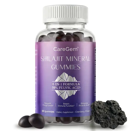 CareGem Organic Natural Shilajit Vitamin Gummy Supplement Bottle, 8-in-1 Complex with Ashwagandha+Ginseng Stress-Support Herbs, Collagen, 50% Fulvic Boost, 85+ Trace Minerals, Fitness Energy & Immune Healthcare, Cranberry Flavor, 60 Count