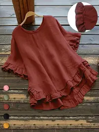 Plus Size Plain Ruffle High Low Hem Blouse, Shirts, Casual Round Neck Half Sleeve Top for Summer, Women's Plus Size Clothing for Daily Wear