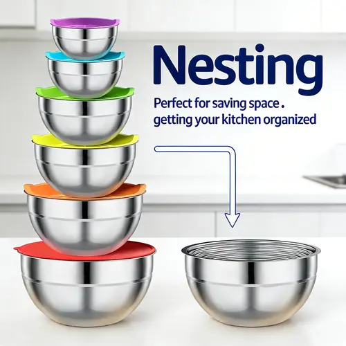 9pcs Rust-Resistant Stainless Steel Classic Nesting Mixing Bowl Set - Airtight Snap-Lock Lids, 3 Grate-In-Bowl Attachments, Ergonomic, Dishwasher Safe, 0.7 qt,1.1QT,1.5QT,2.1QT,3.5QT,4.5QT,2000+Ml (2,000 ml and above) for Christmas Adult Kitchen Tableware