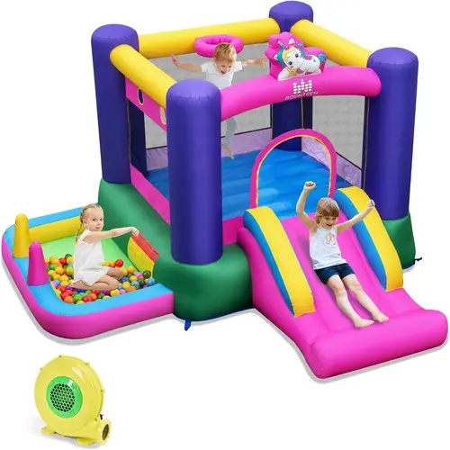 Costzon Inflatable Bounce House with Air Blower & Ball Pit, Bouncy House for Kids Indoor Outdoor w/Basketball Hoop, Blower, Mini Bounce House with Slide for Backyard Birthday Party Gifts for 3-12,No Ocean Ball & Basketball Included
