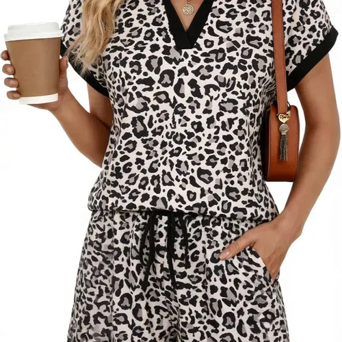 YOUSIFY Women's 2 Piece Lounge Set, Cap Sleeve V Neck Lapel Top with Drawstring Shorts, Casual Summer Outfit for Vacation, Travel & Everyday Wear