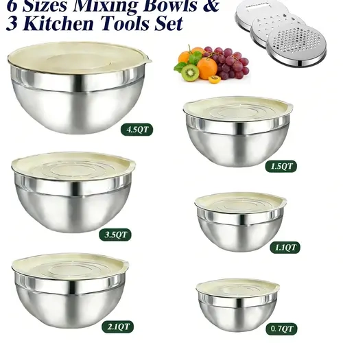 6 pcs Stainless Steel Mixing Bowls Set Non Slip with Colander and Lids Set with 3 Greater Attachement, Nesting Storage Bowls for Kitchen, Size 4.5, 3.5, 2.7, 1.5, 1.2, 0.85QT for Salad Vegetabe Meat Prepare Cooking Home Tableware