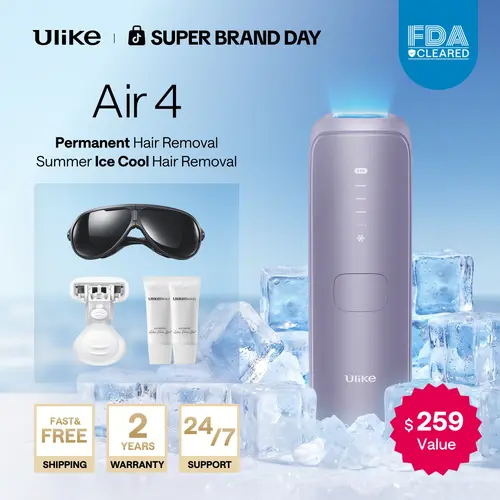 【Super Brand Day】Ulike Air 4 IPL Laser Hair Removal Device - Boosted Power, Easy Operation, Ice-Cooling Contact Tech, Skin Sensor, Color Correction, Antibacterial - For Women & Men - 90% Reduction in 4 Wks - Self Care Hair Tool Beauty Appliance