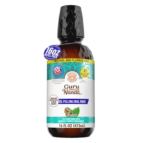GuruNanda Refill Size CocoMint Oil Pulling Mouthwash with 7 Essential Oils & 3 Vitamins, Promotes Fresh Breath & Happy Gums, Alcohol-Free, 16 fl oz