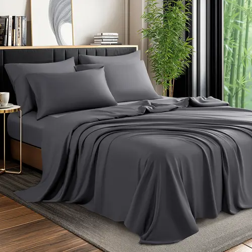 Shilucheng Modern Bedding Sets - Bamboo Sheet Set, OEKO-TEX Certified, Queen/California King/Full Size, Dark Grey, 4/6-Piece, All-Season Cooling, 16" Deep Pocket Fitted Sheets, Anti-Mite, Breathable, Wrinkle Resistant, Hot Sleeper Solution