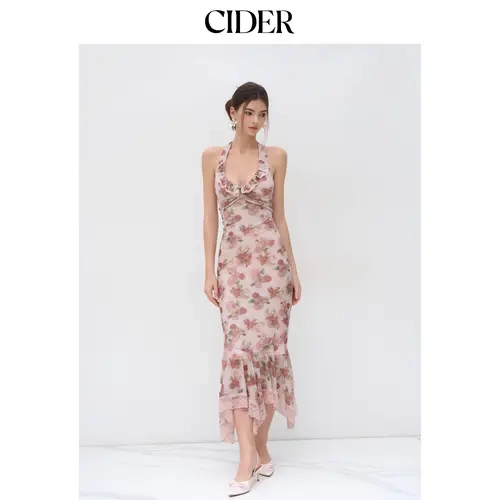 Cider Halter Neckline Floral Ruched Lace Trim Ruffle Maxi Dress