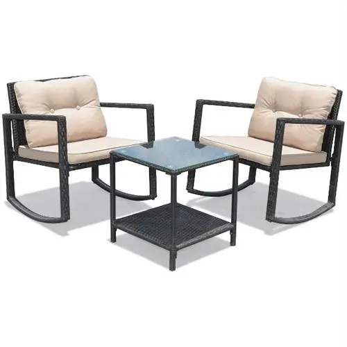 【Costway】 3 Pieces Patio Conversation Bistro Set, Outdoor (Wicker) Furniture Glass Top Table & 2 Rattan Armchairs/Rocking Chairs Seat Cushions for Porch, Backyard, Garden